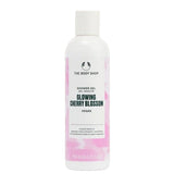 Shower gel bottle with pink label on a white background