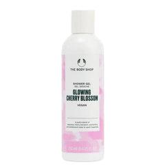 Shower gel bottle with pink label on a white background