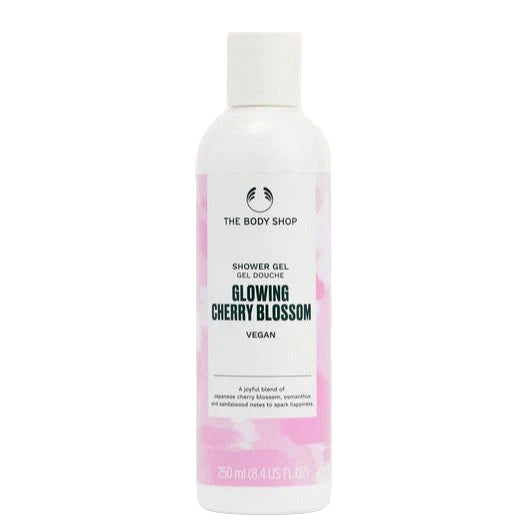 Shower gel bottle with pink label on a white background