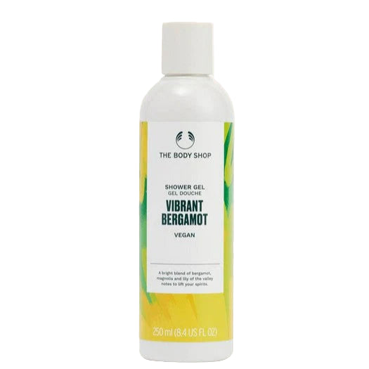 The Body Shop shower gel bottle with 'Vibrant Bergamot' flavor on a white background