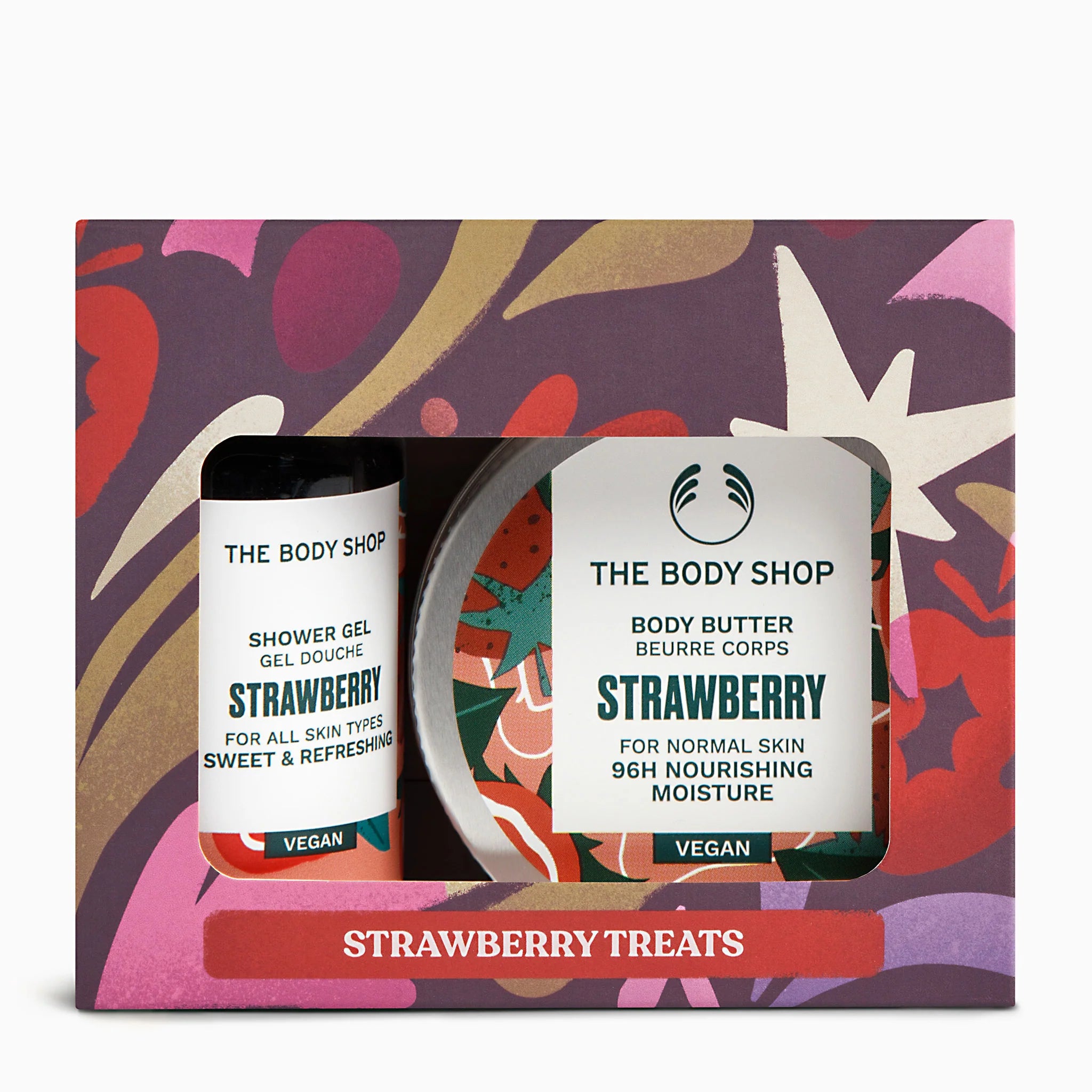 The Body Shop's Strawberry treats set with shower gel and body butter in a decorative box.