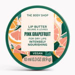 The Body Shop's Pink Grapefruit lip butter container on a white background
