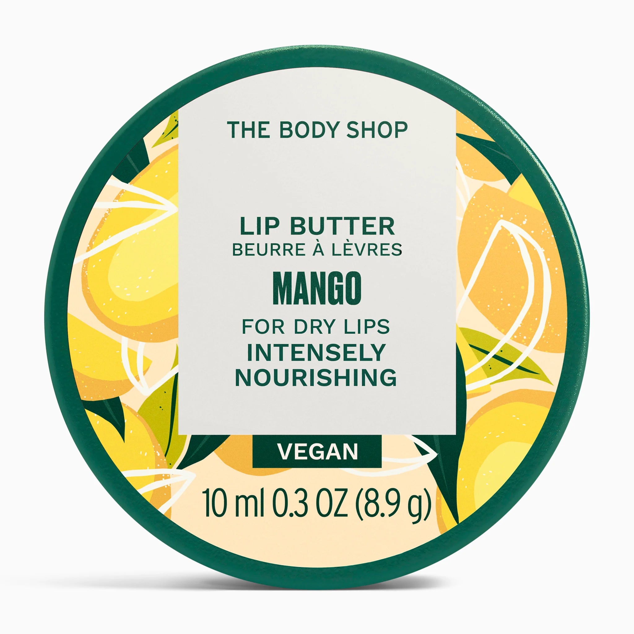 The Body Shop's Mango lip butter container on a white background